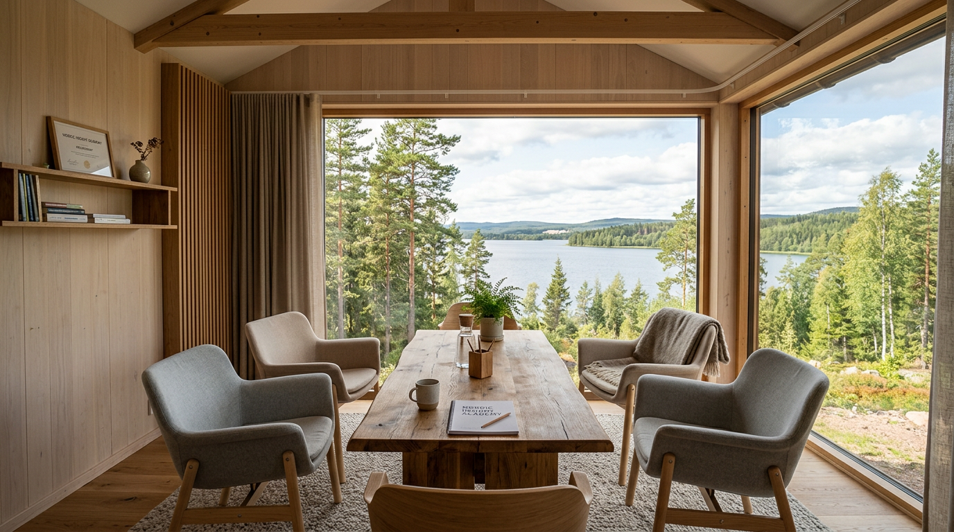 Nordic mentorship space overlooking forest lake