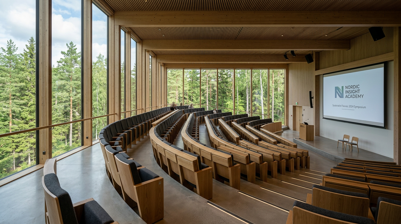 Nordic conference hall with forest views